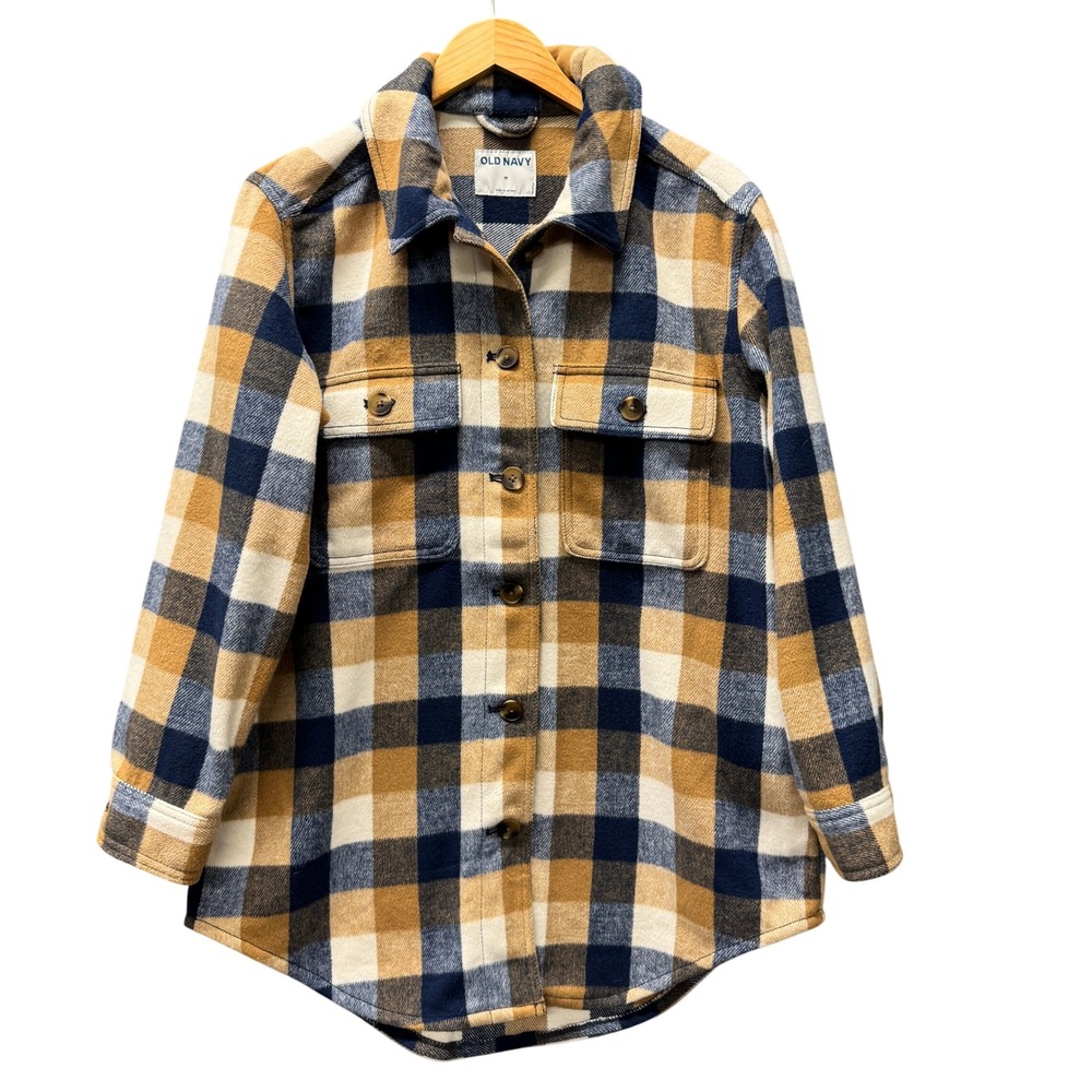 Old‎ Navy Shacket Womens Medium Button Up Oversize Shirt Jacket Plaid Blue Tan